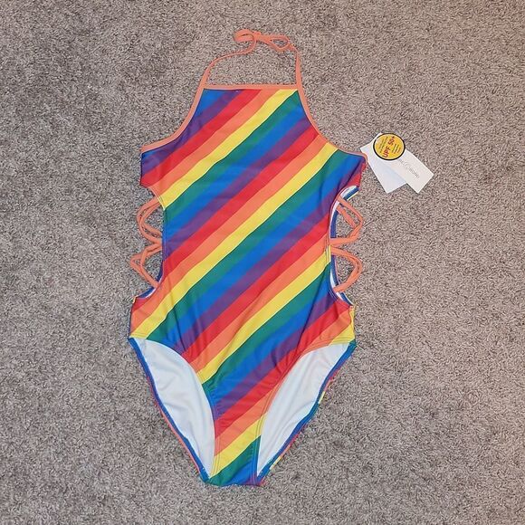 Treasure & Bond Cutout 1 Pc Swimsuit UPF 50+ Orange Vibrant Multi Stripe 🌈 14 - Picture 1 of 5